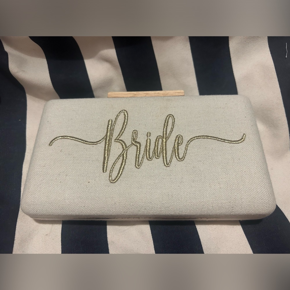 Francesca’s Canvas Bride Clutch With Gold Chain Strap and Embroidered Front